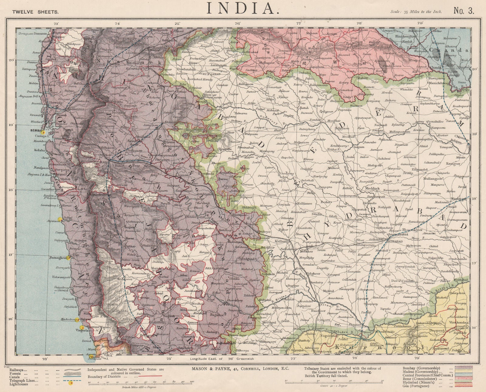 WESTERN BRITISH INDIA Maharashtra Bombay Mumbai Pune Goa Railways LETTS 1889 map